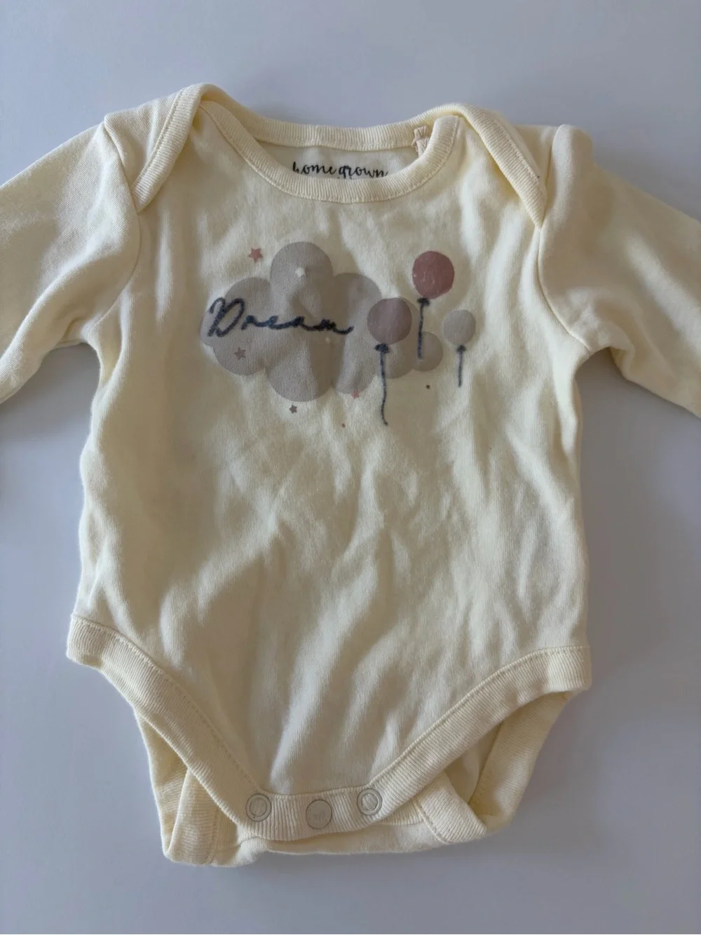 Home Grown Baby Ivory Long Sleeve Cotton Bodysuit 0-3 Months Dream And Balloons